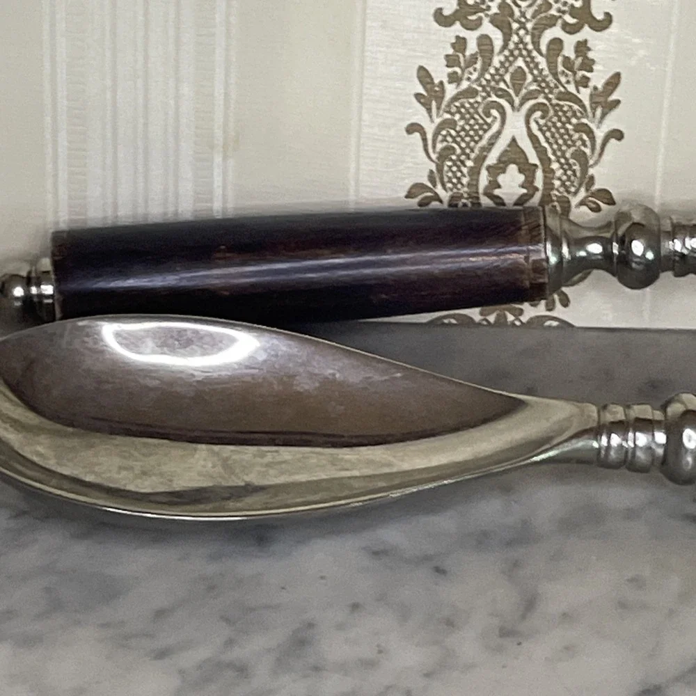 Vintage pair of‎ serving spoons metal with wood handle India